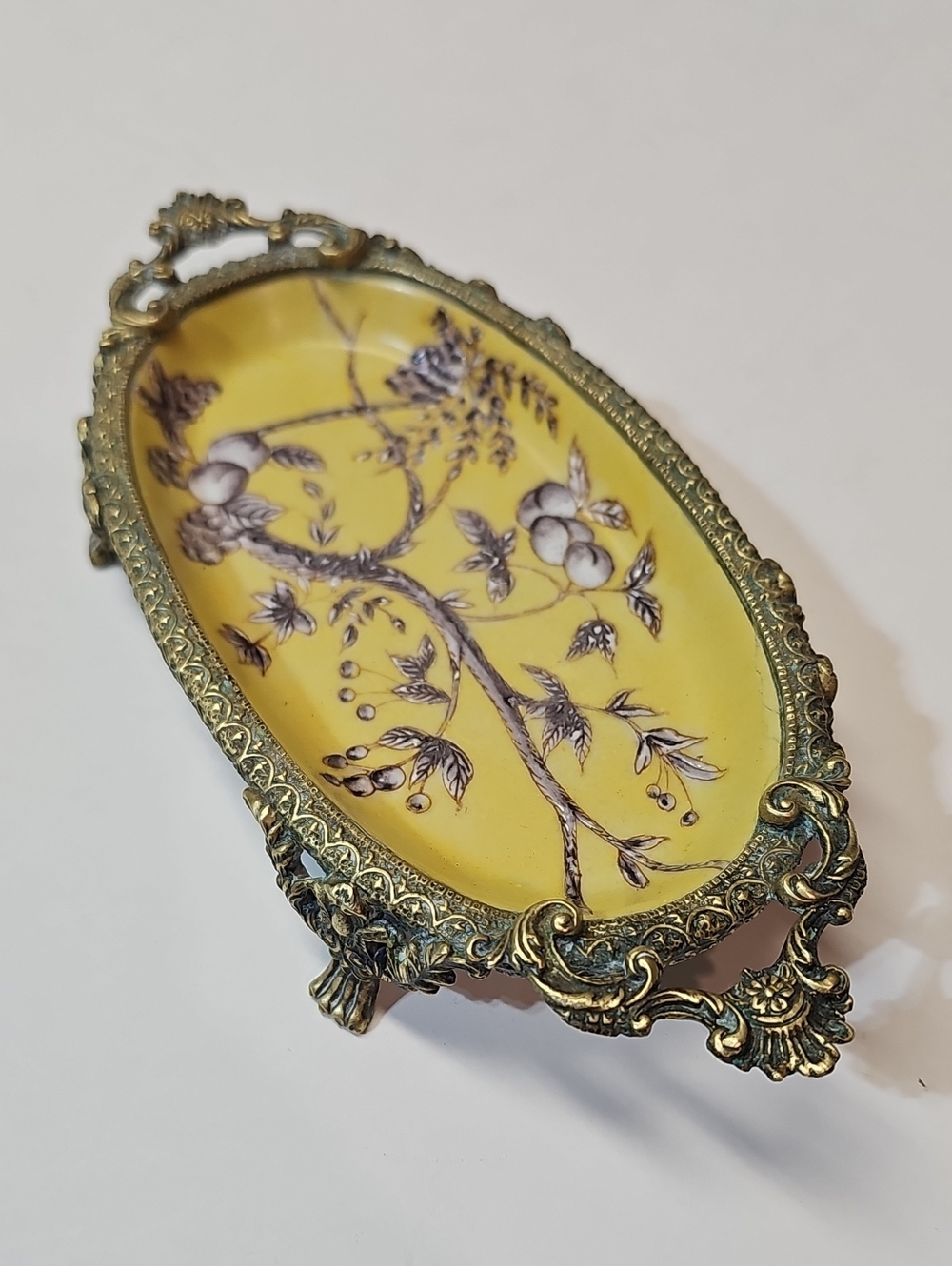 Vintage Ornate Yellow & Brass Porcelain Botanical Decorative Tray Soap Dish